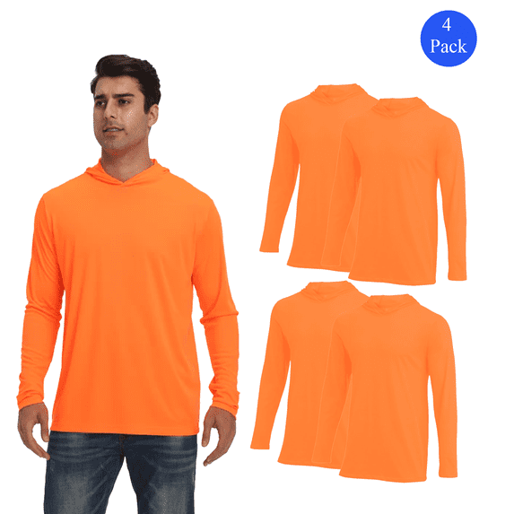 Zfeel Men's Lightweight Dry Fit Hooded Pullover, 4-Pack, Hi Vis Safety Neon Orange Color Hoodie, S