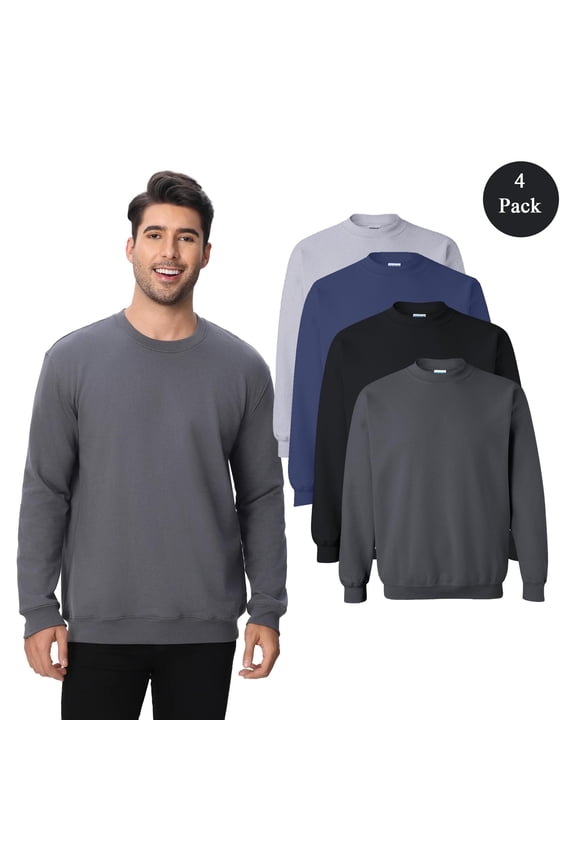 Men's Long Sleeve Crewneck Sweatshirt, Cotton and Poly Blend Assorted Color Fleece, 4-Pack 2XL