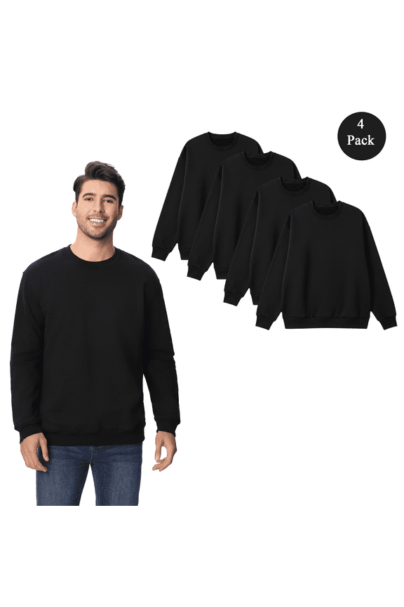 Men's Long Sleeve Crewneck Sweatshirt, Moisture Wicking Pullover Black Sweater, 4-Pack, S