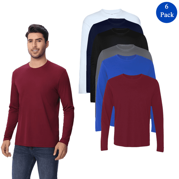 Zfeel Men’s Long Sleeve Dry Fit Shirt, Performance Athletic T-Shirt Men, Assorted Color, Pack 6, XL