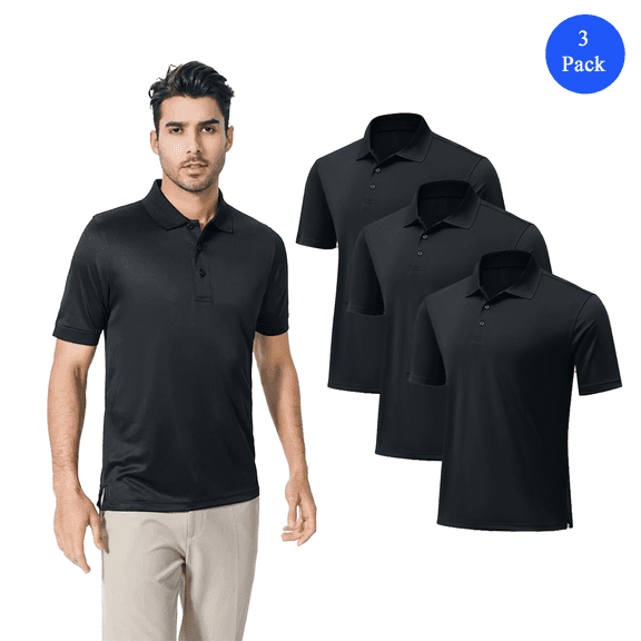 Zfeel Men's Mesh Collared Poly Short Sleeve Polo T-Shirt, Comfortable Black Tee, Pack of 3, L