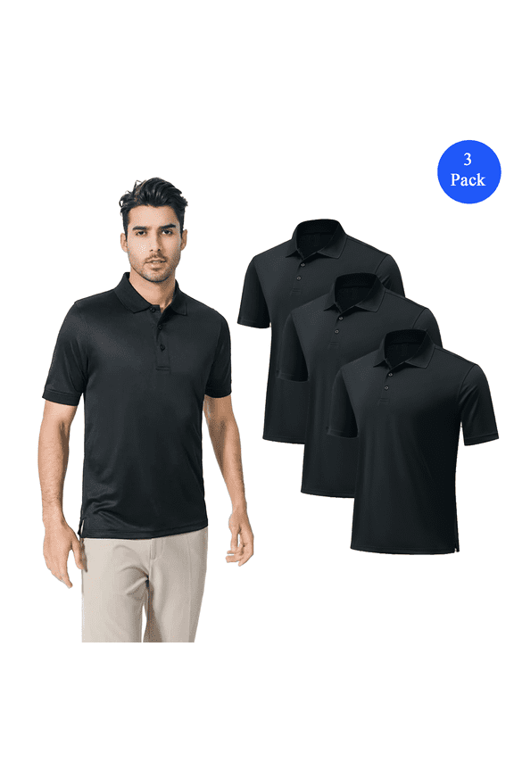 Men's Mesh Collared Poly Short Sleeve Polo T-Shirt, Comfortable Black Tee, Pack of 3, S