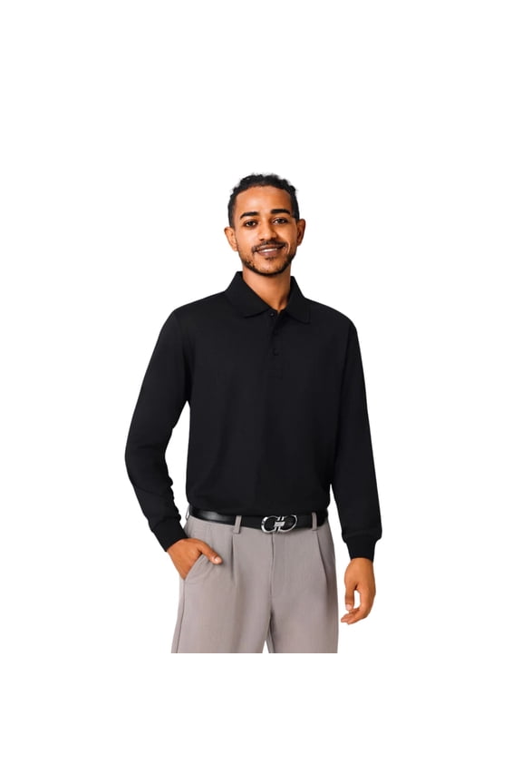 Men's Performance Polo Shirts 40 Poly/60 Cotton Blend Long Sleeve Polo Tee Shirts (Black, M)