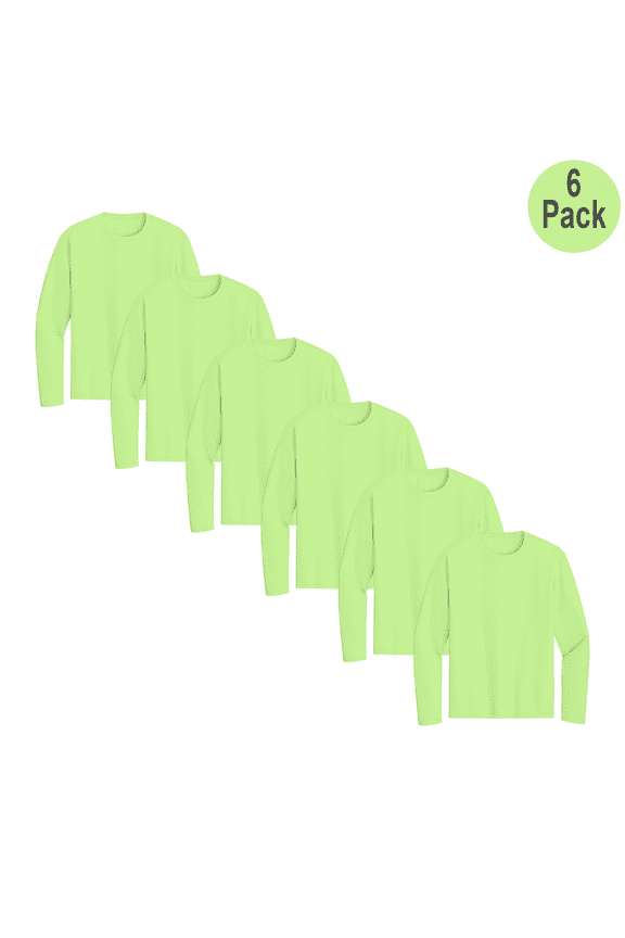 Men's Pure Dry Fit Long Sleeve Poly T-Shirt, Crew Neck, Hi Vis Safety Neon Green, L, 6 Pack