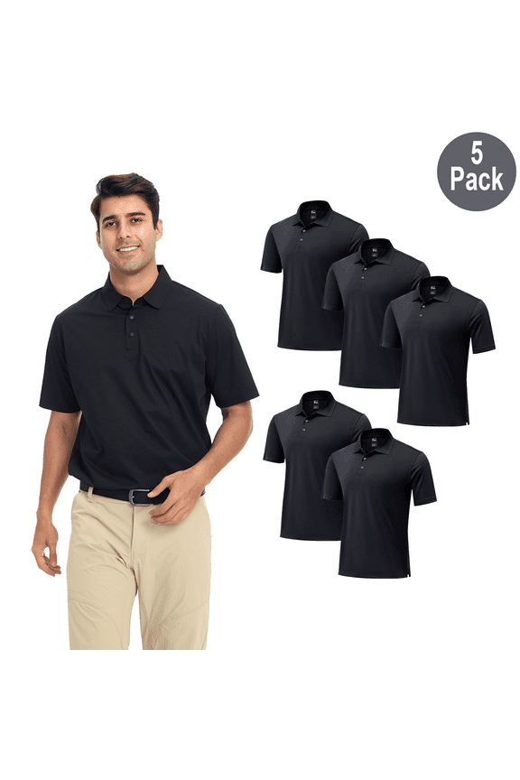 Men's Pure Dry Fit Polo Shirt, High Performance, Short Sleeve, Polyester, Black, 5 Pack, S