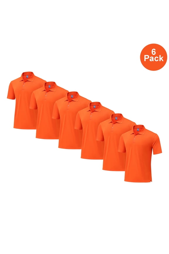 Men’s Pure Dry Fit Poly Polo Shirt, Short Sleeve UV Protection Orange Color Tee, 6 Pack, 4XL