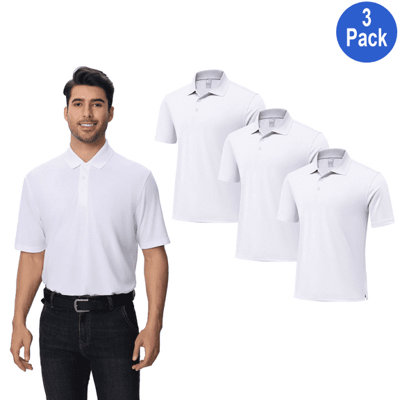 Zfeel Men's Pure Dry Fit Poly Polo T-Shirt, Short Sleeve, 100 Percent Polyester, White, 2XL, 3 Pack