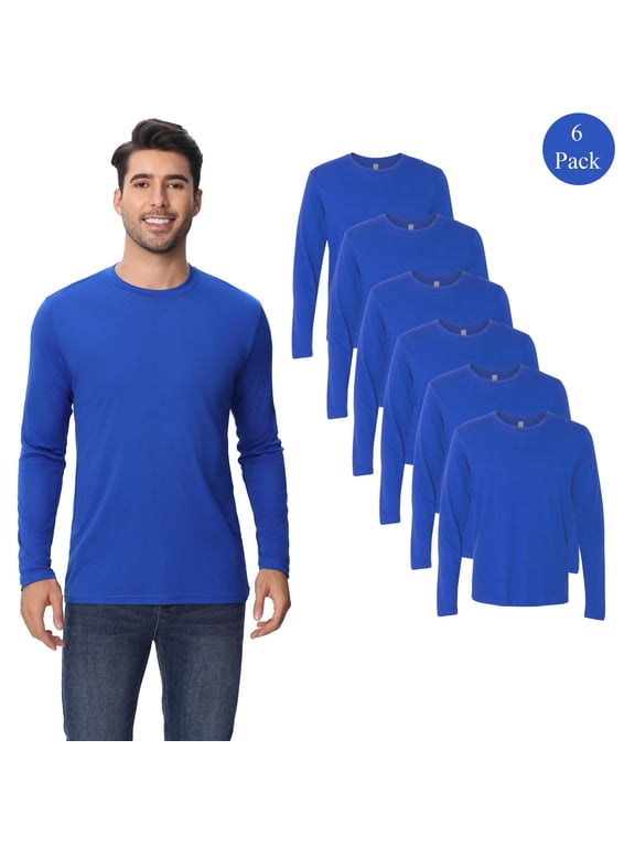 Men's Royal Long Sleeves Dry Fit Poly T-Shirt, High Performance Crewneck Shirt, 6 Pack, S