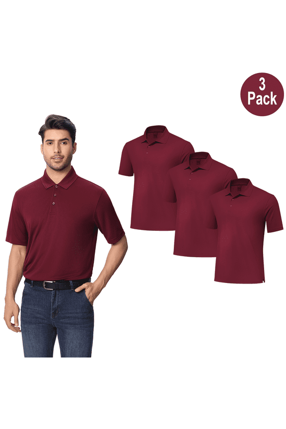 Men's Short Sleeve Pure Dry Fit Polo Shirt, 100 Percent Polyester, Maroon Color, 3 Pack, L