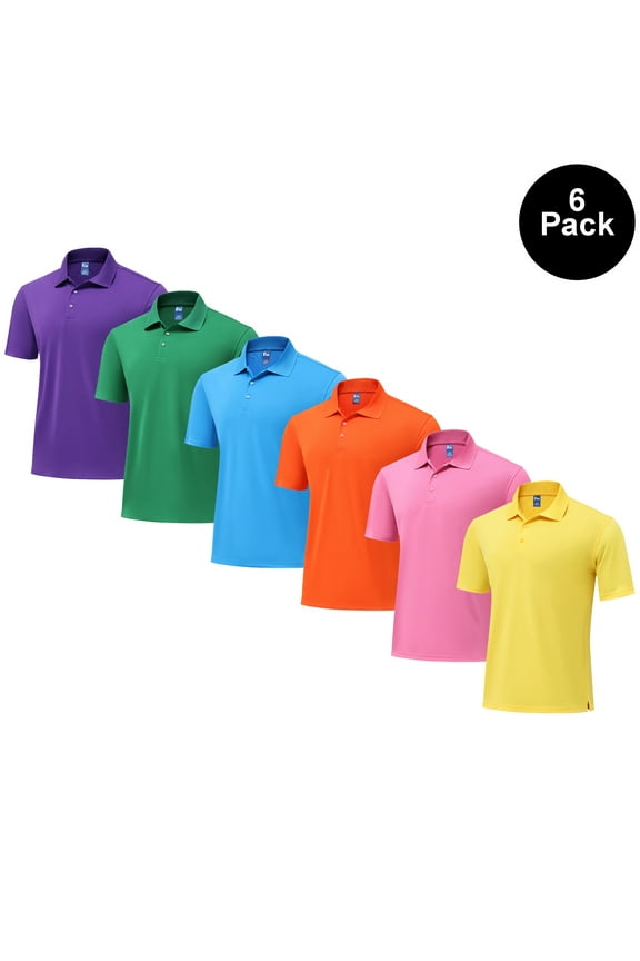 Men's Short Sleeve pure Dry Fit poly Polo Shirt, UV protection Assorted Color Tee, 6 Pack, S