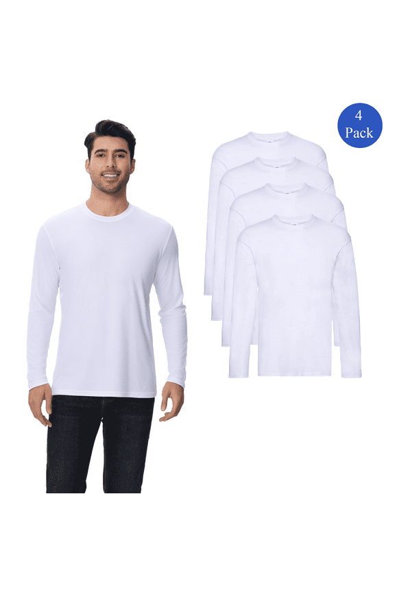 Men's White Crewneck T-Shirt, 4 Pack, Sizes S-4XL - 100 Polyester, High Performance Long Sleeves Shirt