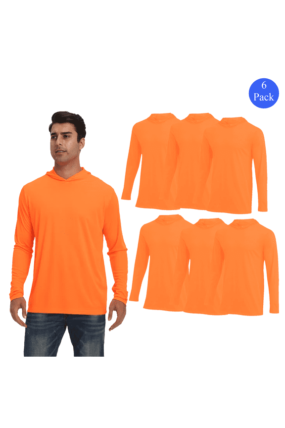 Men's Workwear Hooded - 6 Pack, Lightweight Dry Fit, Hi Vis Safety Neon Orange Hoodie, L