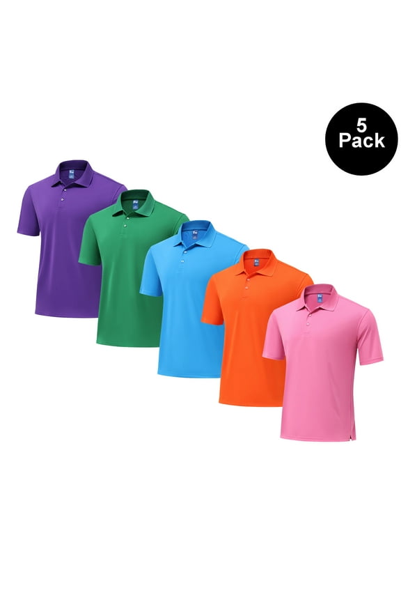Men's pure Dry Fit Poly Polo Shirt, Short Sleeve Moisture-Wicking Mix Color Tee, 5 Pack, L