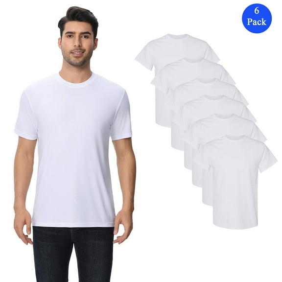 Zfeel Moisture Wicking Crewneck T-Shirt, Men's Short Sleeve White Dry Fit Poly Shirt, 6 Pack, L