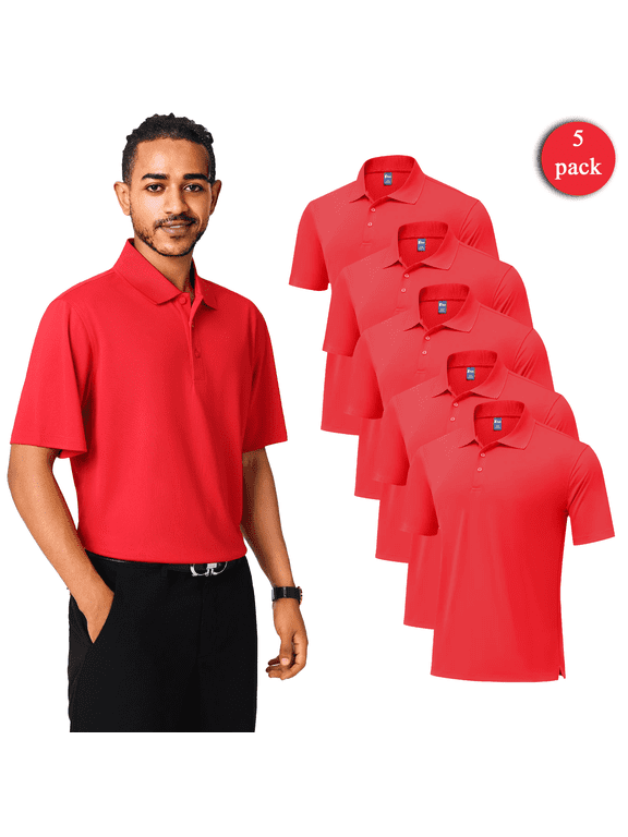Moisture-Wicking Dry Fit Polo Shirts, UV Protection, Red, Men's Athletic Fit Polo Shirts, 5-Pack, 4XL
