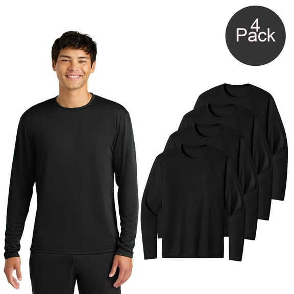 Zfeel Moisture-Wicking Long Sleeve Shirts for Men, Pure Dry Fit Crewneck Black T-Shirt, 4 Pack, S