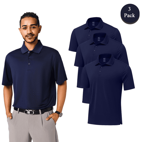 Zfeel Performance Dry Fit Polo Shirt, Men's Short Sleeve Polo Shirts, Pack of 3, Navy, L