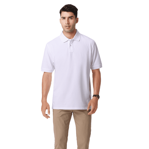 Zfeel Men's Casual Polo Shirt, 60/40 Cotton/Poly Blend, Short Sleeve Pique Knit with Collar, White, 6XL