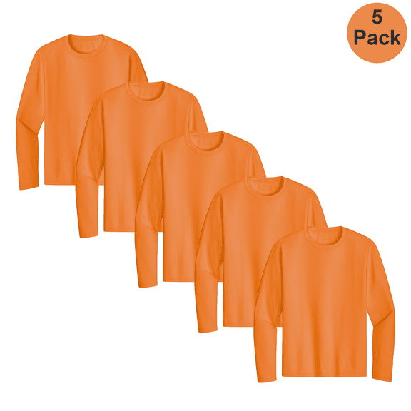 Zfeel Pure Dri-Fit Men’s Hi-Vis Long Sleeve Poly Shirt, Moisture-wicking, Safety Orange 5-Pack, 3XL