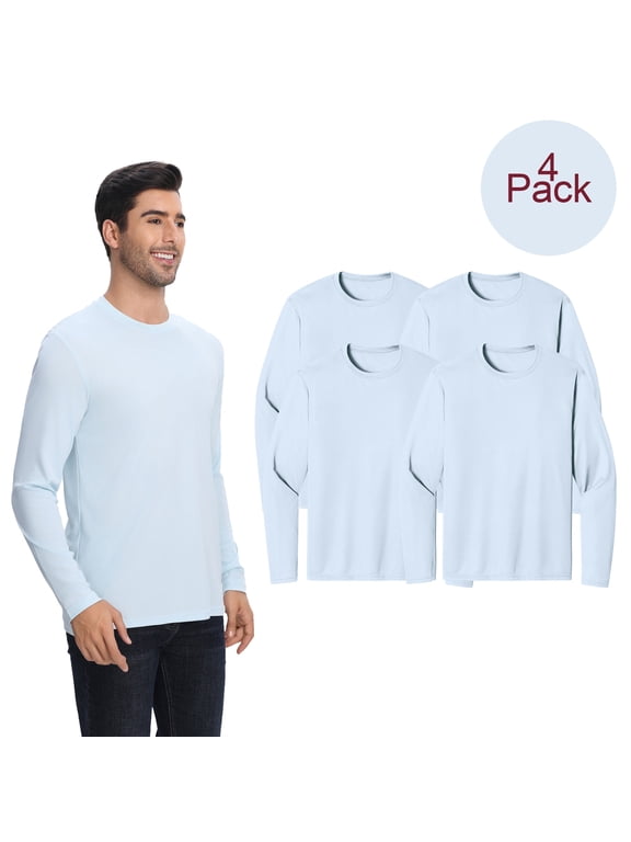 Pure Dry Fit Poly Crewneck T-Shirt for Men, Long Sleeve Light Blue Classic Tee, 4 Pack, L