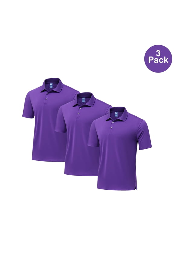 Pure Dry Fit Poly Polo Shirt, Men High Performance Short Sleeve Collar Purple Tee, M, 3 Pack