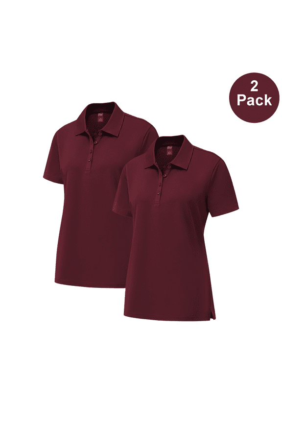 Pure Dry Fit Poly Polo Shirt, Women Short Sleeve Moisture-Wicking Maroon Bulk Tee, L, 2 Pack