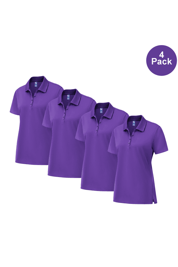 Pure Dry Fit Poly Polo Shirt, Women Short Sleeve Moisture-Wicking Purple Bulk Tee, XL, 4 Pack