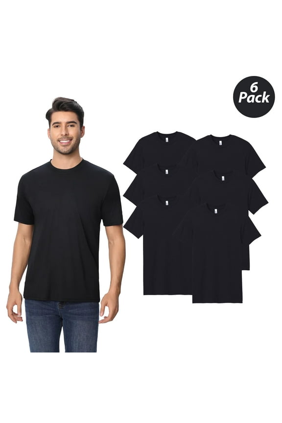 Short Sleeve Dry Fit Poly T-Shirt, Lightweight Crew Neck Men's Polyester Tee, Black, 6 Pack, M