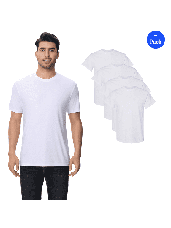 Short Sleeve Poly T-Shirt, Men's Moisture Wicking Dry Fit Shirt, White Crewneck Tee, 4 Pack, S