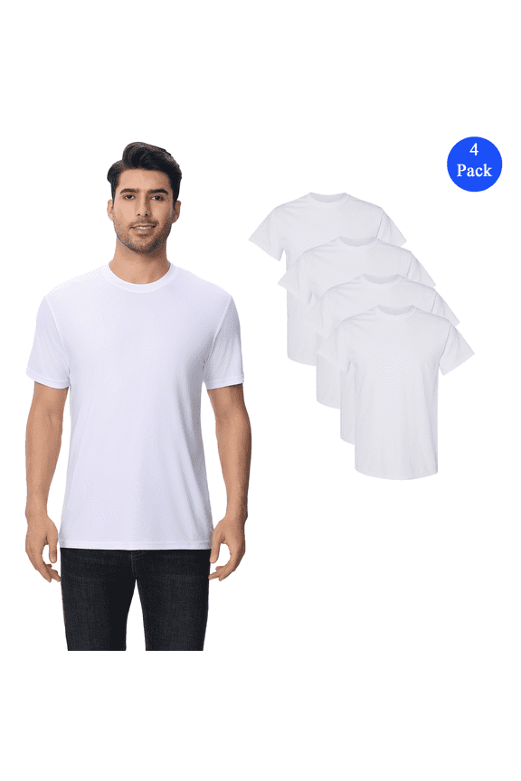 Short Sleeve Poly T-Shirt, Men's Moisture Wicking Dry Fit Shirt, White Crewneck Tee, 4 Pack, S