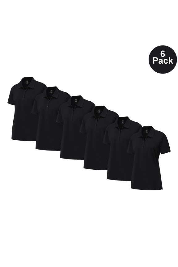 Women Pure Dry Fit Poly Polo Shirt, Black, Durable Short Sleeve UV Protection Tee, M, 6 Pack