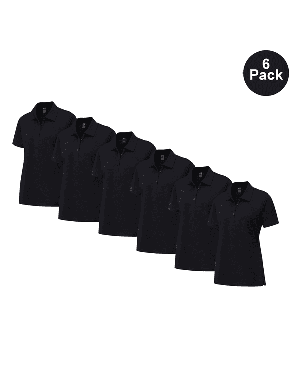 Women Pure Dry Fit Poly Polo Shirt, Black, Durable Short Sleeve UV Protection Tee, S, 6 Pack