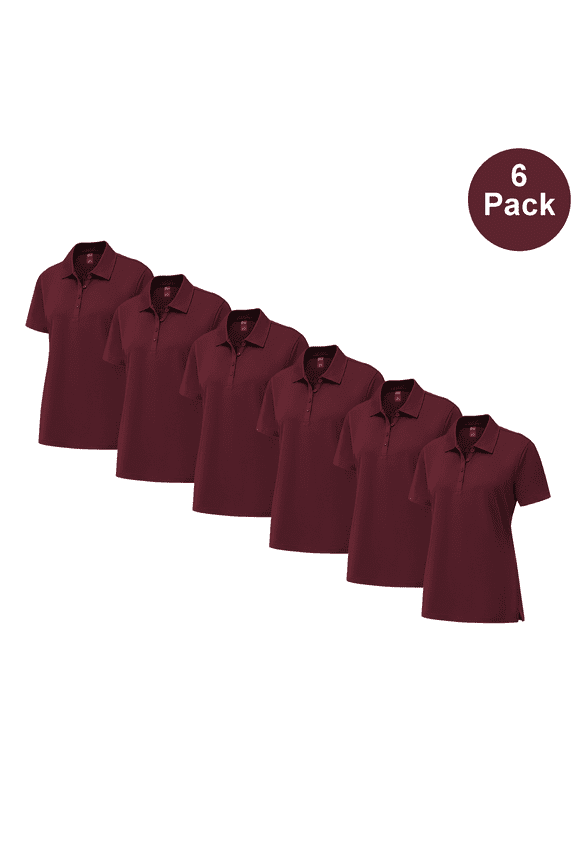 Women Pure Dry Fit Poly Polo Shirt, Comfortable Short Sleeve Collared Maroon Tee, 6 Pack, S