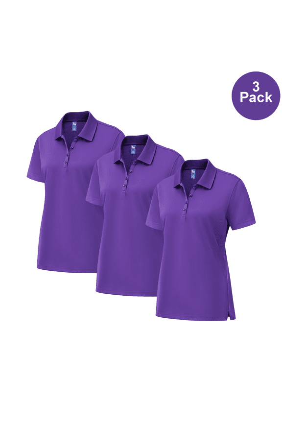 Women Pure Dry Fit Poly Polo Shirt, Durable Short Sleeve UV Protection Purple Tee, L, 3 Pack