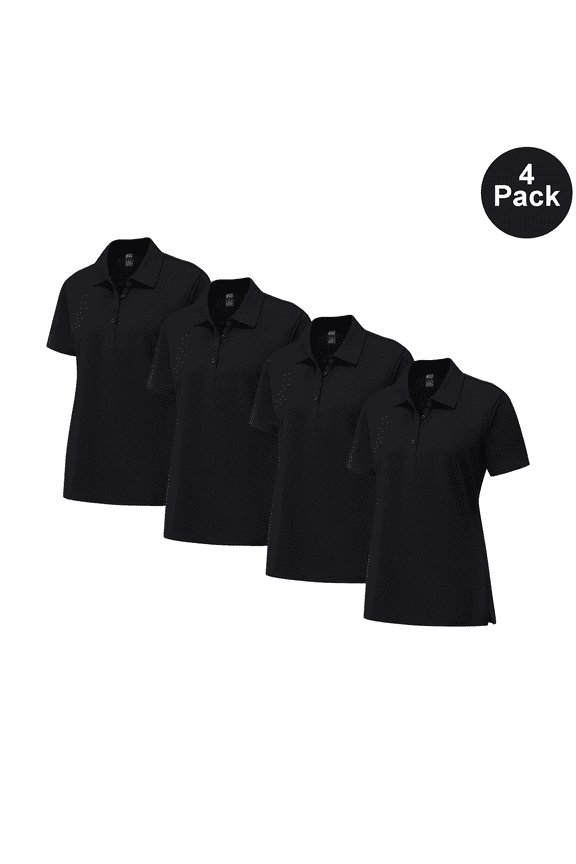 Women Pure Dry Fit Poly Polo Shirt, Short Sleeve Moisture Wicking Bulk Tee, Black, M, 4 Pack