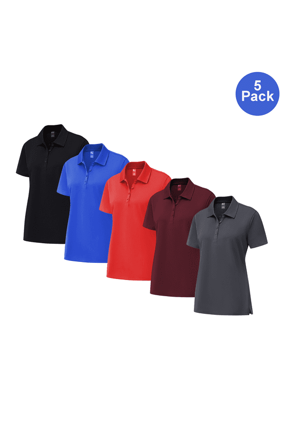 Women Pure Dry Fit Poly Polo Shirt, Short Sleeve UV Protection Bulk Tee, Assorted, L, 5 Pack