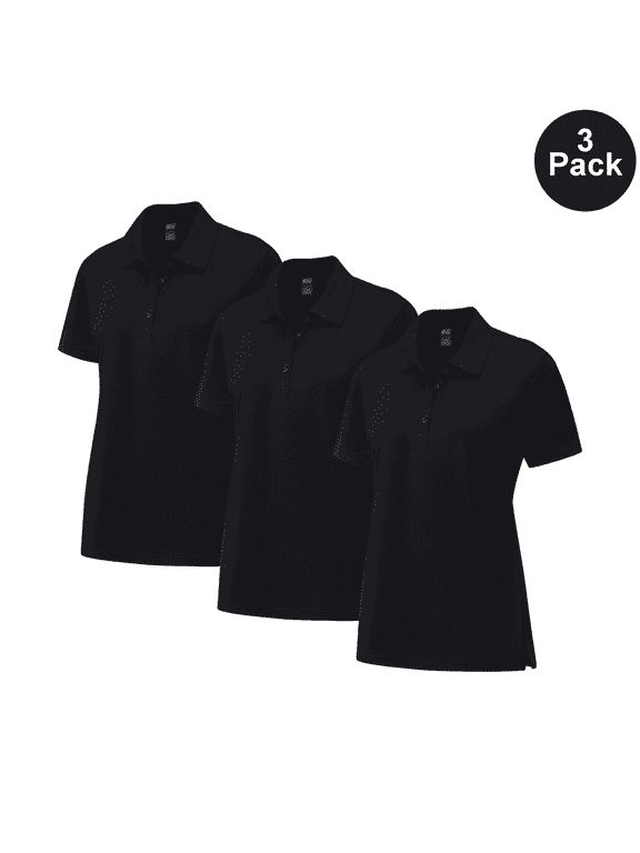 Women Pure Dry Fit Poly Polo Shirt, Short Sleeve UV Protection Durable Tee, Black, M, 3 Pack