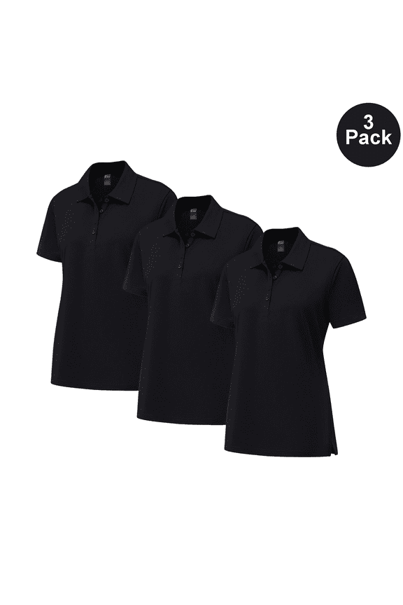 Women Pure Dry Fit Poly Polo Shirt, Short Sleeve UV Protection Durable Tee, Black, S, 3 Pack