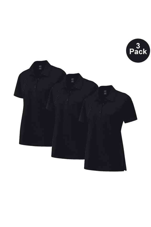 Women Pure Dry Fit Poly Polo Shirt, Short Sleeve UV Protection Durable Tee, Black, XL, 3 Pack