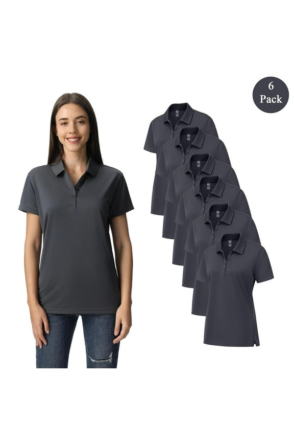 Women’s High Performance Dry Fit Polo, Activewear Uniform Polo Shirt, Pack of 6, lron Grey, 3XL