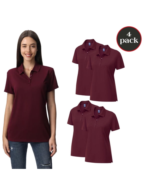 Women's High Performance Pure Dry Fit Poly Polo, Short Sleeve Collared Maroon Shirt, 4-Pack, M