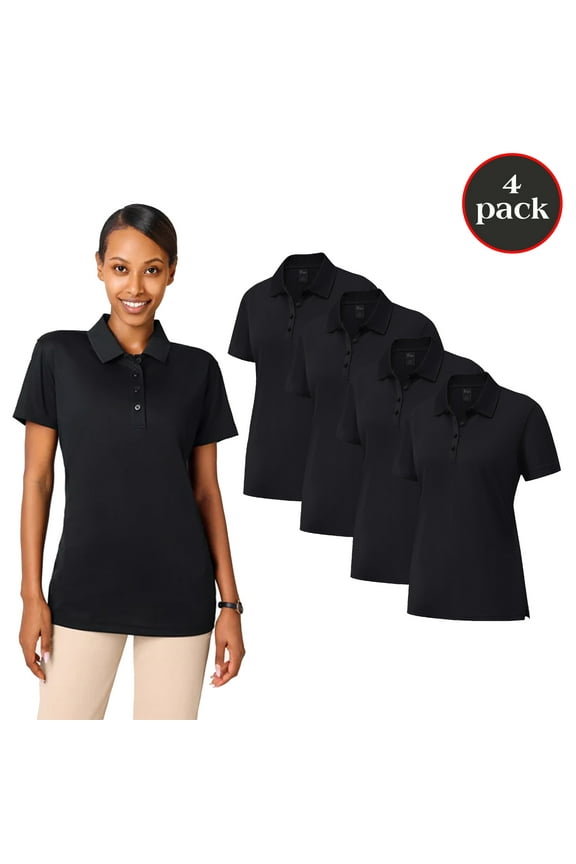 Women's High Performance Pure Dry Polo Shirt, Black Collared Short Tee 4-Pack Polo T-Shirt, S