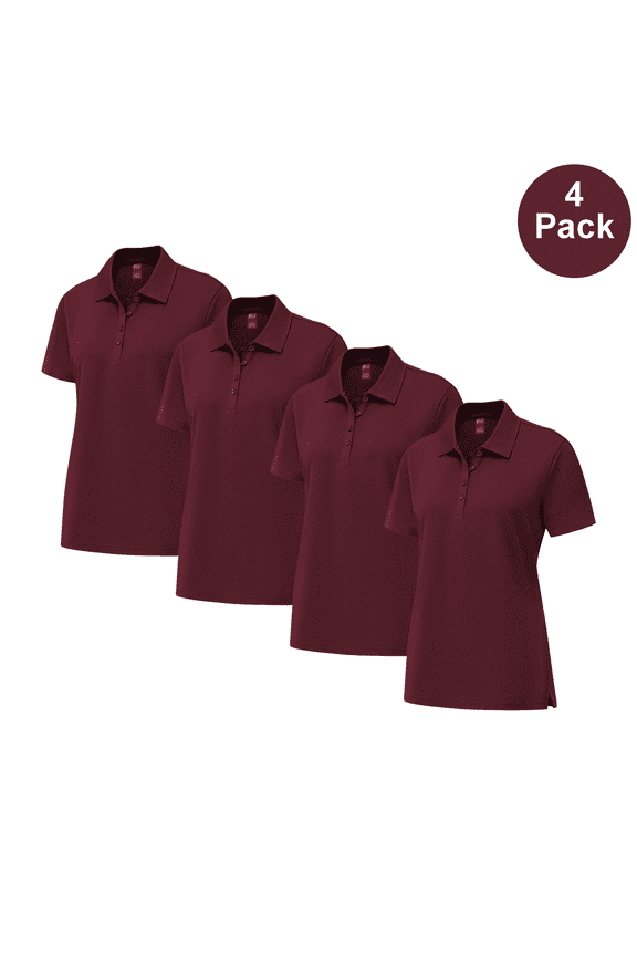 Women’s Pure Dry Fit Poly Polo Shirt, Moisture-Wicking Short Sleeve Tee, Maroon, 4 Pack, M