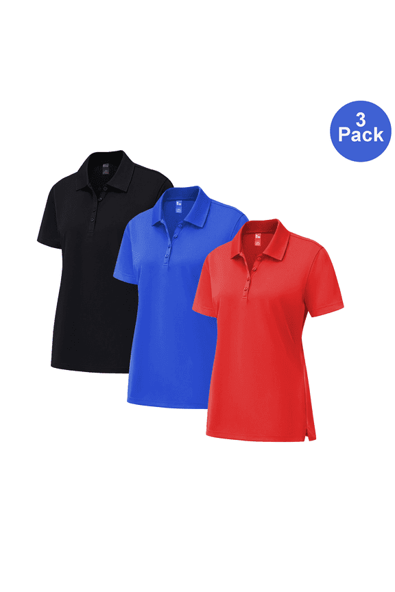 Women's Pure Dry Fit Poly Polo Shirt, Short Sleeve Moisture-Wicking Tee, Assorted, L, 3 Pack