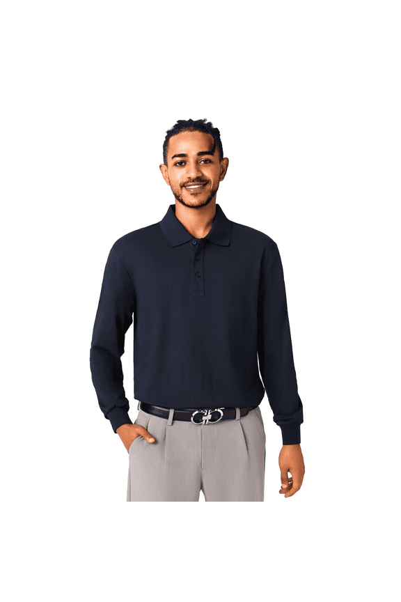 High Performance Men's Long Sleeve Polo, Poly-Cotton Blend Shirt, Sport Dark Navy, S