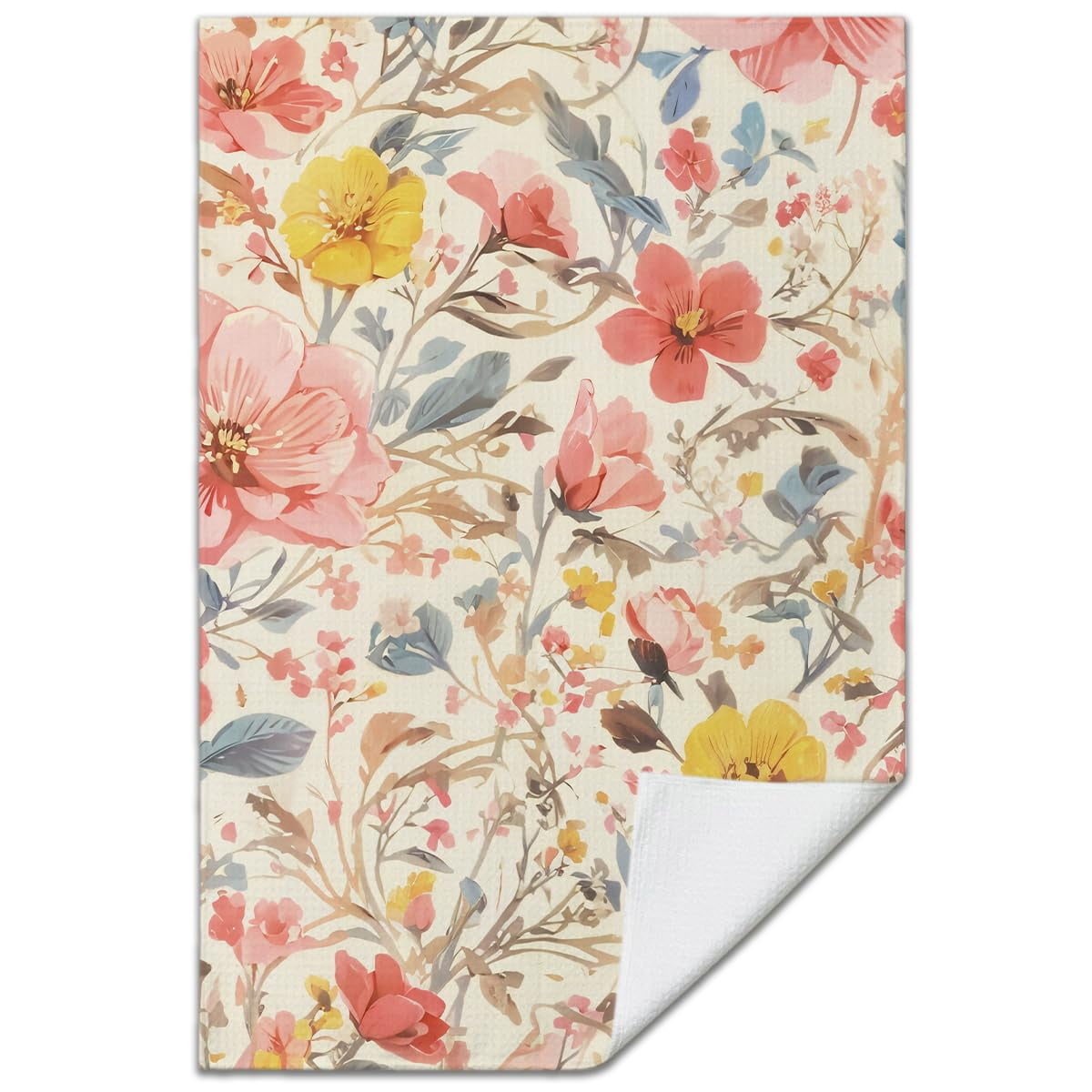 Boho Vintage Floral Kitchen Towels Set Of 2 - 16x24 Inch, Cottagecore Waffle Weave Dish Towels