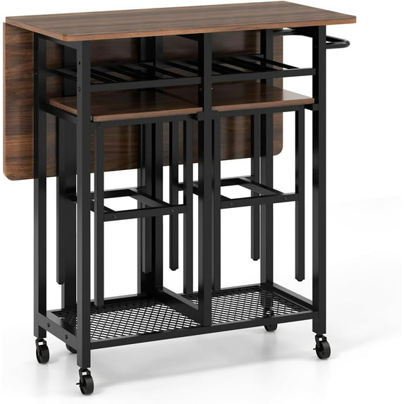 ZgoodZ 3-Piece Foldable Dining Table Set, Extendable Dining Table & 2 Stools Set w/ 6-Bottle Wine Rack, Shelves & Side , Kitchen Table Set for Small Space, Dining Room Rustic Brown & Black