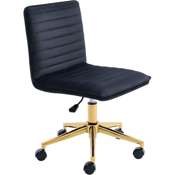 ZgoodZ Armless Vanity Chair with Wheels, Computer Rolling Desk Chair with Back Soft Velvet Height Adjustable Gold Metal Base Swivel Stool Chairs-Black