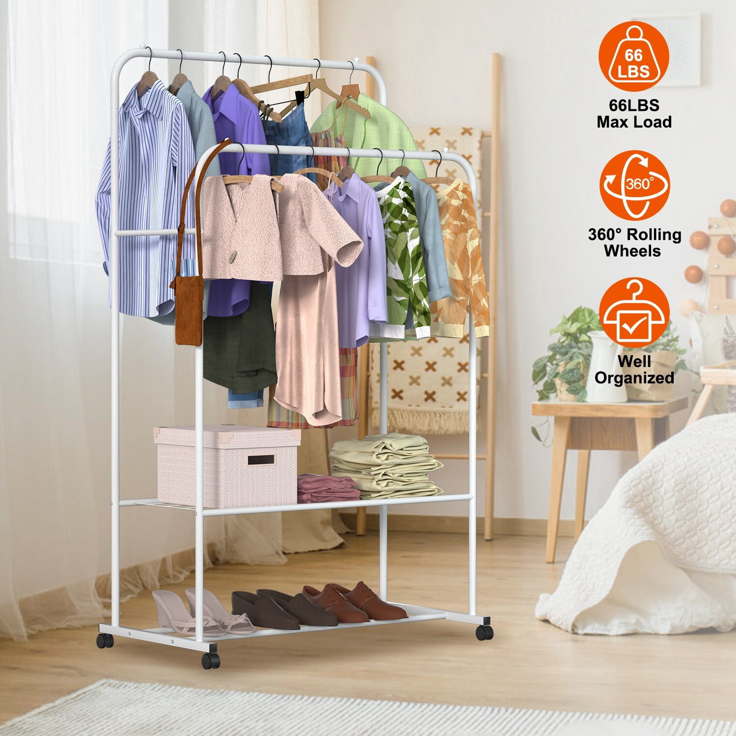 ZgoodZ Clothing Rack with Wheels Double Rails Rolling Rack Bedroom Shoe ...