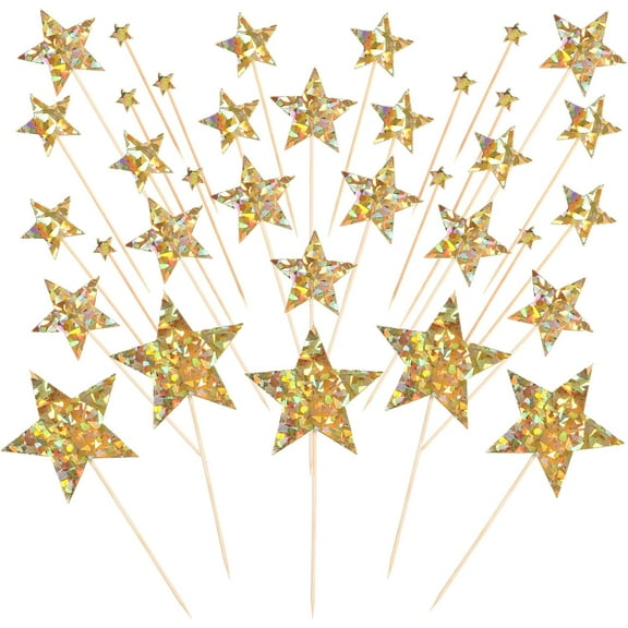 Zgui 35Pcs Gold Little Star Cupcake Toppers Glitter Little Star Cupcake Mixed Size Birthday Party Cake Decorations Supplies for Wedding Engagement Birthday Party Snack Decoration A418